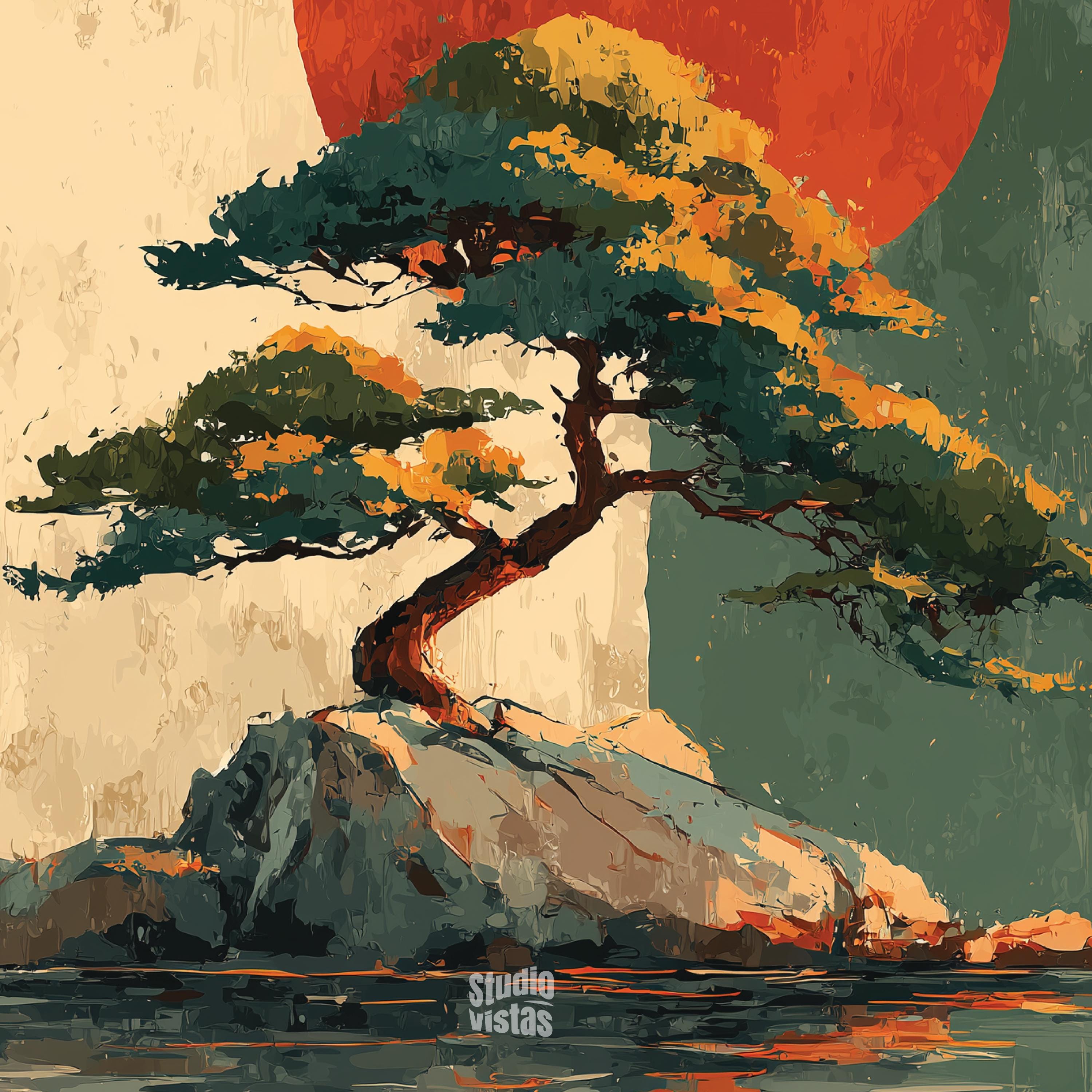 Bonsai Tree Art Print: Japandi Red Sun Zen Landscape (digital