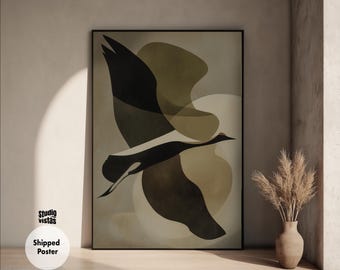 Japanese Crane Poster: Sage Green Boho Japandi Wall Art