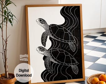 Impresión artística de tortuga marina: Decoración costera minimalista (descarga digital)
