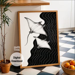 Manta Rochen Linie Kunstdruck: Minimalistische schwarz weiss Küsten Deko (Digitaler Download)