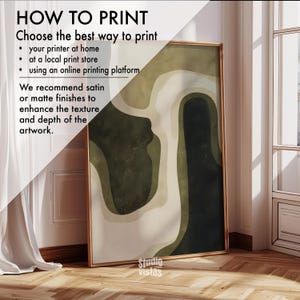 Green Beige Wabi Sabi Digital Print, featuring a harmonious blend of olive green, beige, and dark green tones in a modern, mid-century abstract design. This minimalist yet striking artwork is perfect for those who appreciate simplicity and elegance in their home decor.