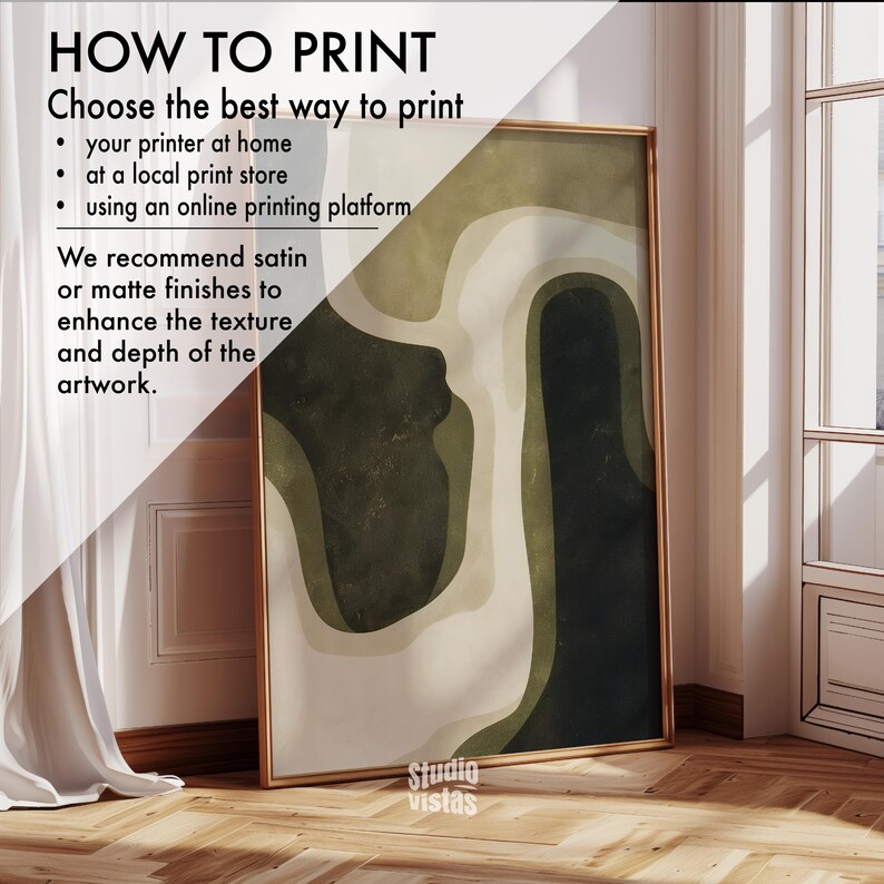 Green Beige Wabi Sabi Digital Print, featuring a harmonious blend of olive green, beige, and dark green tones in a modern, mid-century abstract design. This minimalist yet striking artwork is perfect for those who appreciate simplicity and elegance in their home decor.