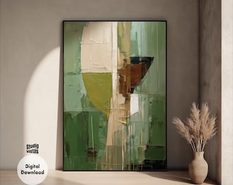 Sage Green Abstract Oil Painting: Geometric Shapes Art (Digital Print)