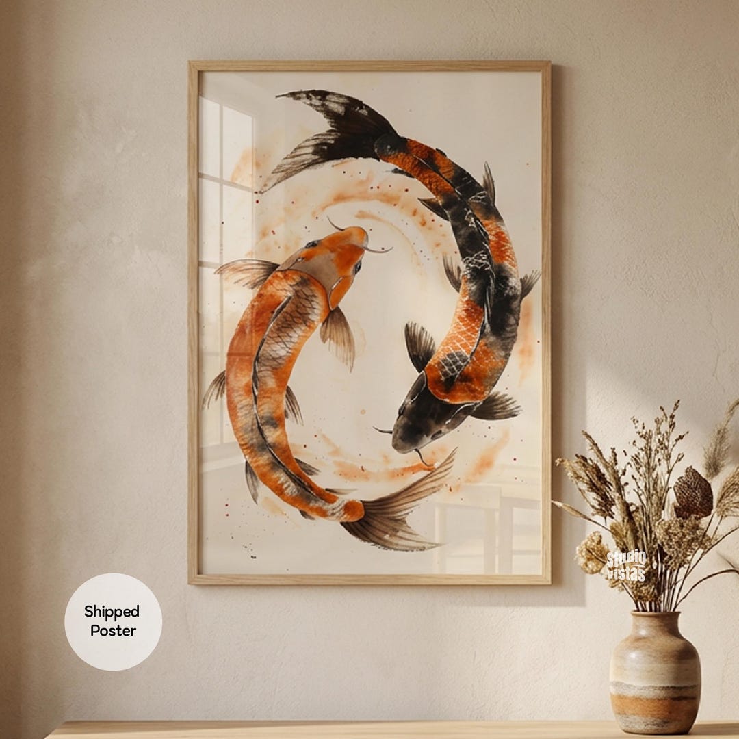 Abstract Koi Fish Wall Art | Japandi Yin Yang Poster | Terracotta Rust ...