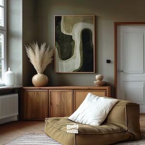 Green Beige Wabi Sabi Digital Print, featuring a harmonious blend of olive green, beige, and dark green tones in a modern, mid-century abstract design. This minimalist yet striking artwork is perfect for those who appreciate simplicity and elegance in their home decor.