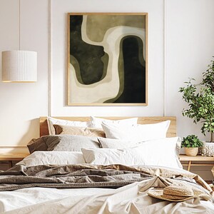 Green Beige Wabi Sabi Digital Print, featuring a harmonious blend of olive green, beige, and dark green tones in a modern, mid-century abstract design. This minimalist yet striking artwork is perfect for those who appreciate simplicity and elegance in their home decor.