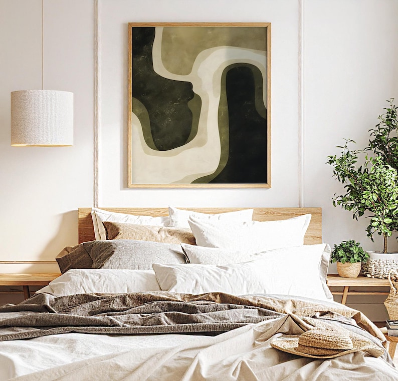 Green Beige Wabi Sabi Digital Print, featuring a harmonious blend of olive green, beige, and dark green tones in a modern, mid-century abstract design. This minimalist yet striking artwork is perfect for those who appreciate simplicity and elegance in their home decor.