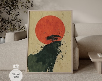 Wabi Sabi Red Sun Minimalistisches Poster Gerollte Poster | Japandi Neutrale japanische Wandkunst