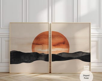 Terracotta & Black Sunrise Abstract Horizon Prints Rolled Posters | Minimalist Japandi Split Sun Diptych