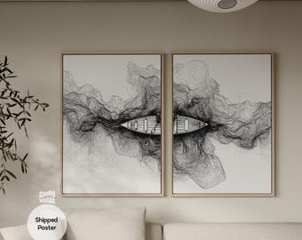 Japandi Wabi-Sabi Boat Line Art, Set of 2,Minimalist Contour Waves Illustration