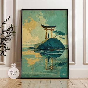 Japanese Torii Gate Wall Art: Japandi Sage Green Shinto Shrine Poster