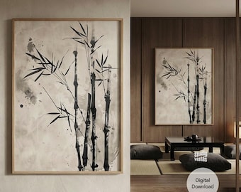 Arte de parede em bambu | Impressão japonesa Sumi-e | Arte minimalista vertical | Decoração Japandi em preto e branco | Esboço em tinta Wabi Sabi
