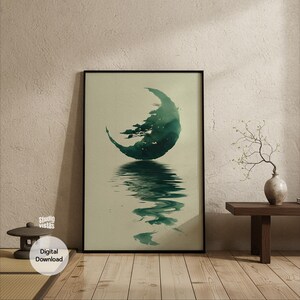 May include: A framed art print featuring a crescent moon design in shades of green, reflected in rippling water. The artwork is set against a neutral background, with the words "Digital Download" visible. The overall theme is nature and tranquility.