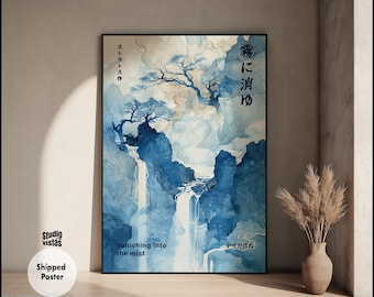 Indigoblauwe poster Japans berglandschap: Wabi Sabi-muurkunst