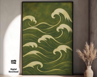 Japanese Wave Print: Olive Green Beige Abstract Art (Digital Download PNG Files 300 DPI)
