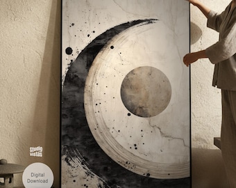 Puede incluir: Impresión artística abstracta con una gran pincelada negra y un círculo gris sobre un fondo blanco roto texturizado. La obra de arte tiene un diseño minimalista con una opción de descarga digital.