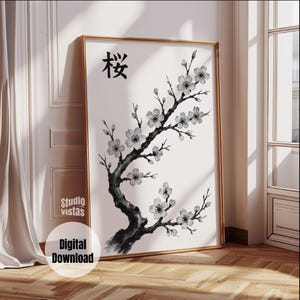 Japandi Cherry Blossom Branch Digital Download - Japanese Ink Drawing Art, Japanese Black and White Poster | Gift & Ikigai Wall Hanging