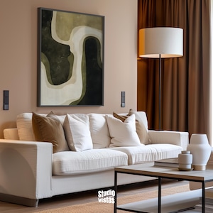 Green Beige Wabi Sabi Digital Print, featuring a harmonious blend of olive green, beige, and dark green tones in a modern, mid-century abstract design. This minimalist yet striking artwork is perfect for those who appreciate simplicity and elegance in their home decor.