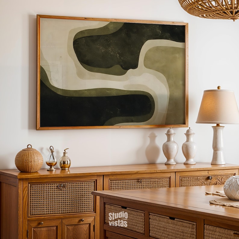 Green Beige Wabi Sabi Digital Print, featuring a harmonious blend of olive green, beige, and dark green tones in a modern, mid-century abstract design. This minimalist yet striking artwork is perfect for those who appreciate simplicity and elegance in their home decor.