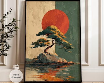 Bonsai Tree Art Print: Japandi Red Sun Zen Landscape (Digital Download)