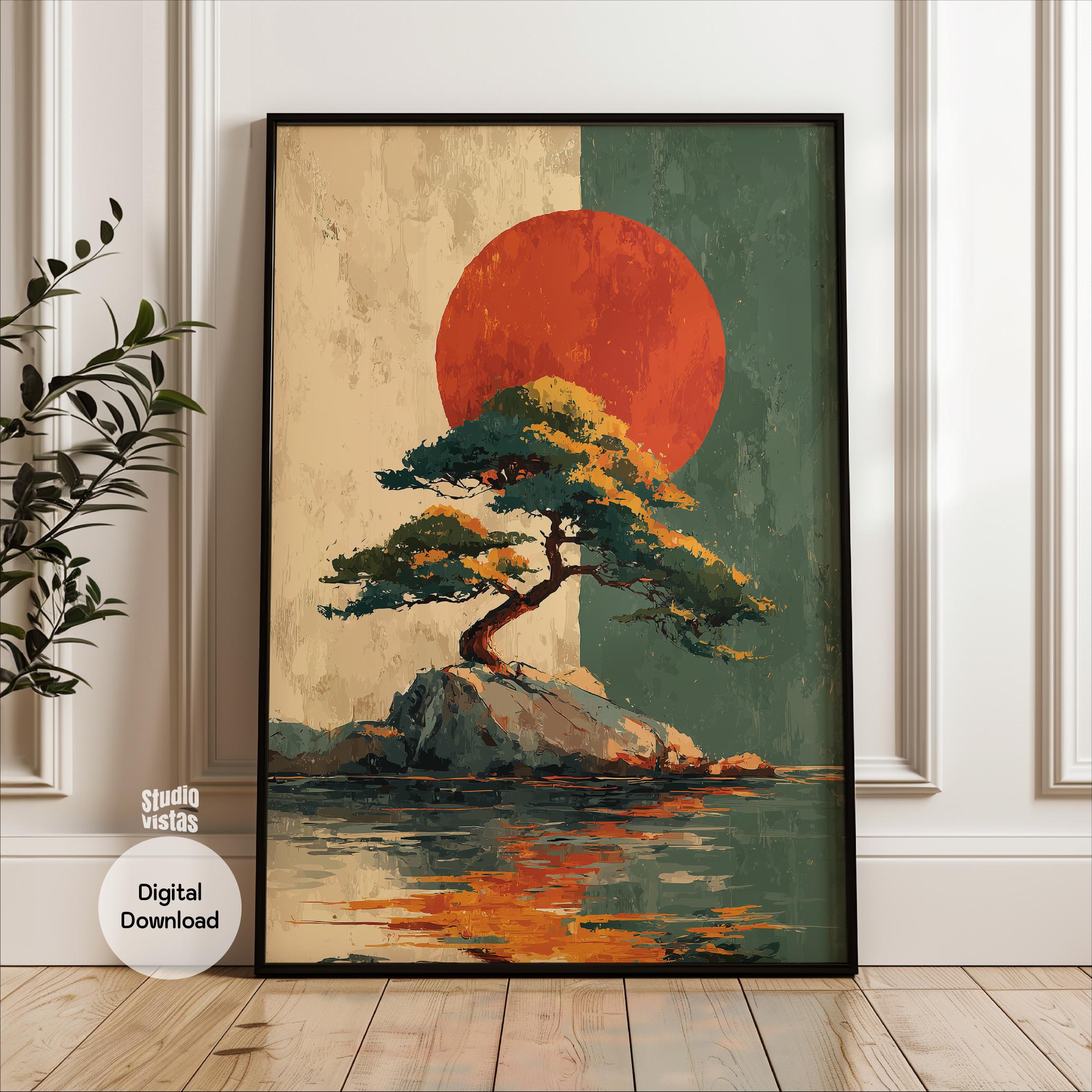 Bonsai Tree Art Print: Japandi Red Sun Zen Landscape (digital