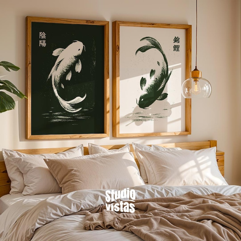 Japandi Koi Fish Print Set of 2, Minimalist Zen Wall Art, Wabi Sabi Decor, Sage Green Japanese Poster, Large Matching Bedroom Art Pair image 9