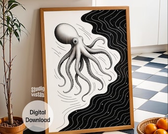 Impresión minimalista de pulpo: decoración náutica costera (descarga digital)