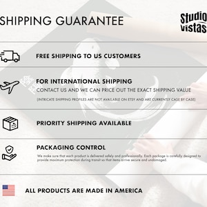 May include: A graphic with the text "SHIPPING GUARANTEE" and icons for shipping, including a truck, airplane, and box. Text includes "FREE SHIPPING TO US CUSTOMERS", "FOR INTERNATIONAL SHIPPING", "PRIORITY SHIPPING AVAILABLE", and "PACKAGING CONTROL". The bottom reads "ALL PRODUCTS ARE MADE IN AMERICA".