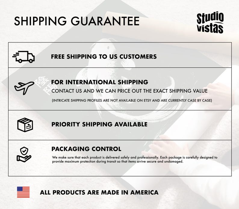 May include: A graphic with the text "SHIPPING GUARANTEE" and icons for shipping, including a truck, airplane, and box. Text includes "FREE SHIPPING TO US CUSTOMERS", "FOR INTERNATIONAL SHIPPING", "PRIORITY SHIPPING AVAILABLE", and "PACKAGING CONTROL". The bottom reads "ALL PRODUCTS ARE MADE IN AMERICA".