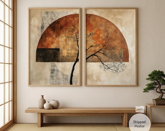 Abstract Terracotta Geometric Japandi Set of 2 Rolled Posters | Wabi Sabi Rust & Black