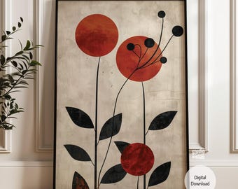 Arte mural abstracto de flores de terracota / Impresión botánica en tonos óxido y negro / Póster floral moderno de mediados de siglo / Decoración wabi sabi japonesa