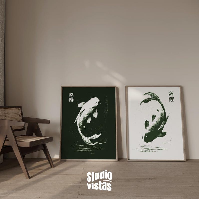 Japandi Koi Fish Print Set of 2, Minimalist Zen Wall Art, Wabi Sabi Decor, Sage Green Japanese Poster, Large Matching Bedroom Art Pair image 2