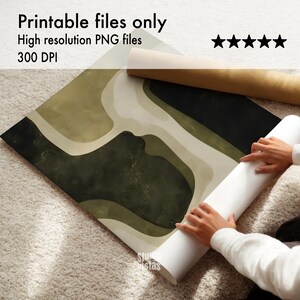 Green Beige Wabi Sabi Digital Print, featuring a harmonious blend of olive green, beige, and dark green tones in a modern, mid-century abstract design. This minimalist yet striking artwork is perfect for those who appreciate simplicity and elegance in their home decor.
