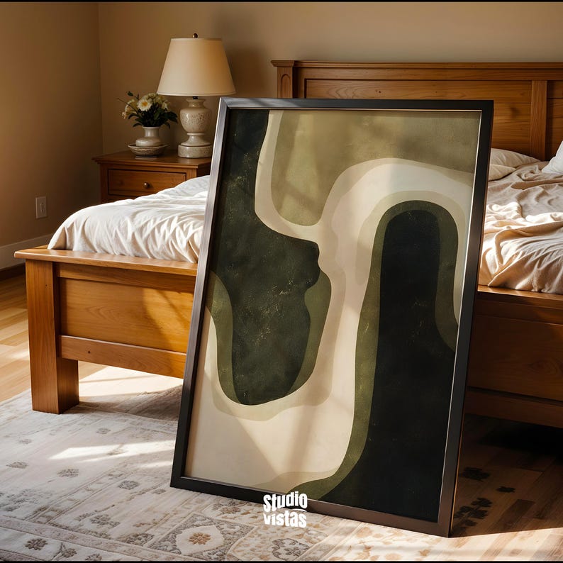 Green Beige Wabi Sabi Digital Print, featuring a harmonious blend of olive green, beige, and dark green tones in a modern, mid-century abstract design. This minimalist yet striking artwork is perfect for those who appreciate simplicity and elegance in their home decor.
