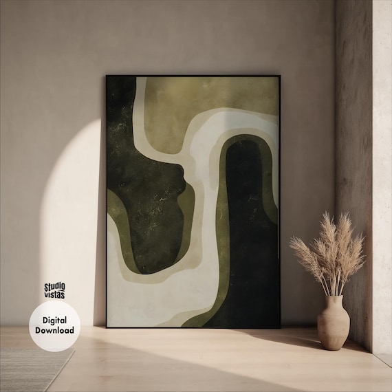 Abstract Olive Green Art Print, Modern Beige Wabi Sabi Decor (Digital Download)