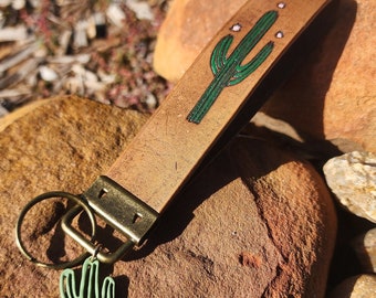Cactus Leather Wristlet, Tooled Leather Keychain