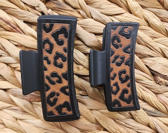Leather Cheetah Print Leather Hair Clip, Tooled Leather Leopard Design Claw Clip