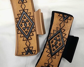 Western Style 1 Leather Hair Clip, Tooled Leather Hair Clip Claw Clip, Handmade Leather Square Clip