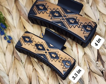 Western Style 3 Leather Hair Clip, Tooled Leather Hair Clip, Handmade Leather Square Clip