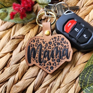 MAMA Leopard Print Leather Keychain, Tooled Leather Keychain, Cheetah Print Heart Keychain- NOW OFFERING Personalization Option