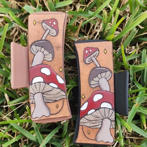 Tooled Leather Mushroom Hair Clip, Engraved Leather Mushroom Claw Clip