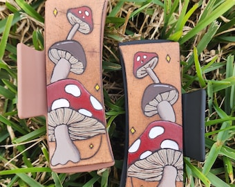 Tooled Leather Mushroom Hair Clip, Engraved Leather Mushroom Claw Clip