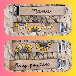 Sunflower Leather Keychain Wristlet: Personalized Hand-Painted Strap