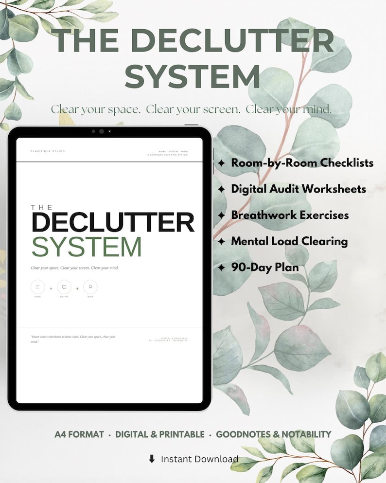 Puede incluir: Un producto digital imprimible titulado "The Declutter System" en una tableta. El t&iacute;tulo est&aacute; en letras grandes, en negrita, verdes y negras. La imagen incluye una lista de caracter&iacute;sticas: Listas de verificaci&oacute;n por habitaci&oacute;n, hojas de trabajo de auditor&iacute;a digital, ejercicios de respiraci&oacute;n, etc.