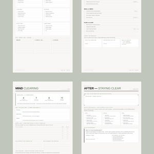 Puede incluir: Planificador de cuatro p&aacute;ginas con los t&iacute;tulos: Home Declutter, Digital Audit, Mind Clearing y After - Staying Clear. Cada p&aacute;gina tiene listas de verificaci&oacute;n y secciones para notas, en un dise&ntilde;o minimalista.