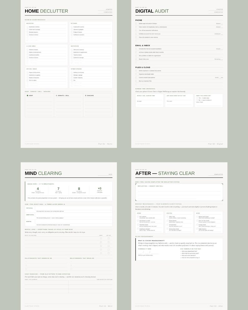 Puede incluir: Planificador de cuatro p&aacute;ginas con los t&iacute;tulos: Home Declutter, Digital Audit, Mind Clearing y After - Staying Clear. Cada p&aacute;gina tiene listas de verificaci&oacute;n y secciones para notas, en un dise&ntilde;o minimalista.