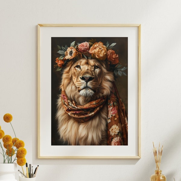 Vintage Lion Portrait, Oil Painting Lion Print, King Lion Print, Nursery Wall Art, Dark Moody Altered Art, Animal Lover Gift, Lion Poster