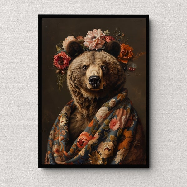 Vintage Bear Portrait, Oil Painting Bear Print, Brown Bear Art, Nursery Wall Art, Gothic Floral Art, Animal Lover Gift, Bear Poster