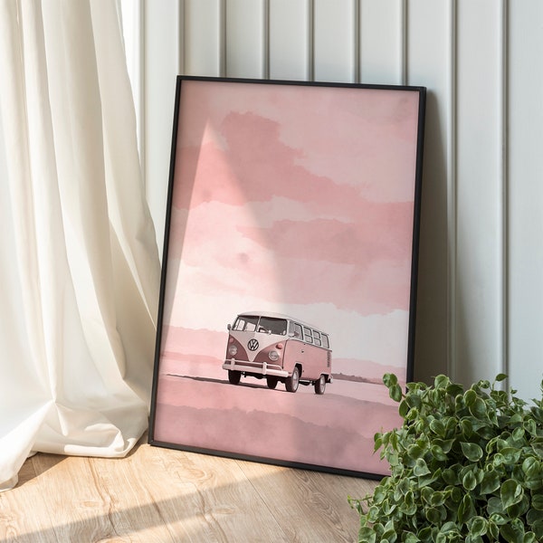 Vintage & VW Bus Wall Art, Pink California Beach Van Life, Pinky Sunset Prints, Hippie Van, and Retro Car Art, Camper Wall Decor