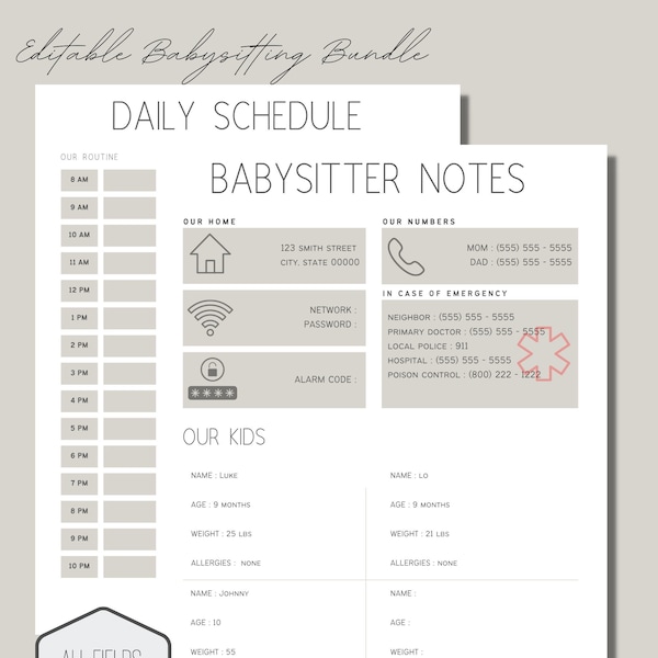 Neutral Babysitter Notes & Daily Schedule
